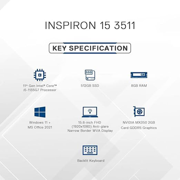 Buy DELL Inspiron 3511 Intel Core i5 11th Gen 1135G7 - (8 GB/SSD/512 GB SSD/Windows 11 Home/2 GB Graphics) (15.6 inch, Platinum Silver, 1.8 kg, With MS Office)Thin and Light Laptop - Vasanth and Co 
